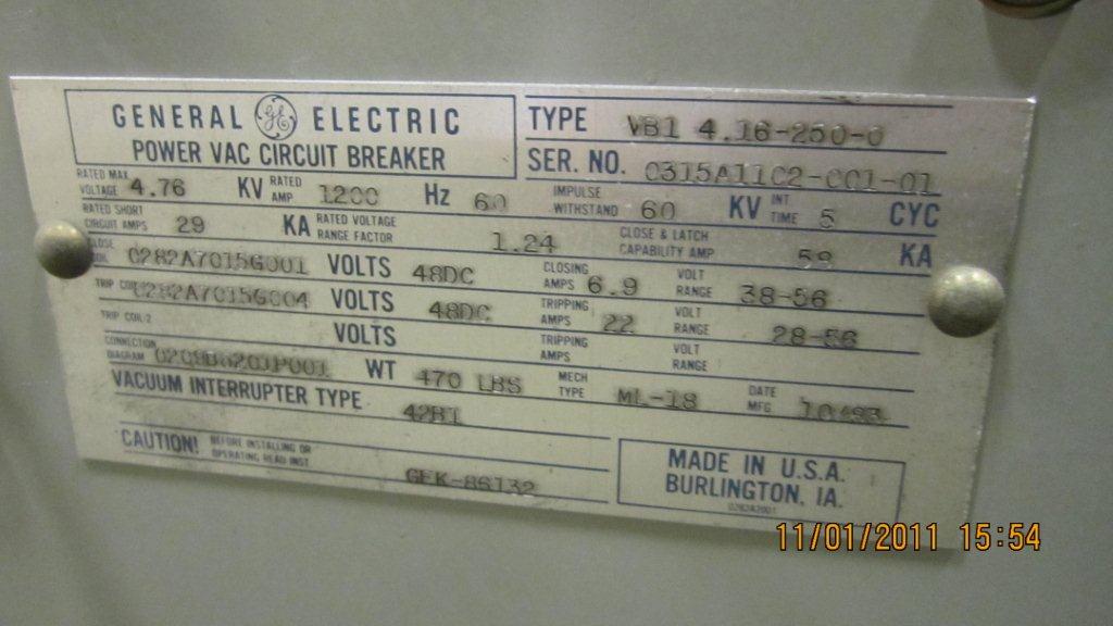 1200 Amp, GENERAL ELECTRIC, VB1-4.16-250-0, 4760 V., 1983, 48 VDC CLOSE & TRIP:1