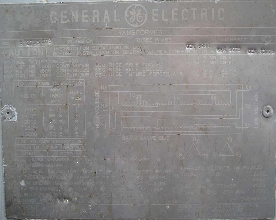 1500/1680/1932 KVA, GENERAL ELECTRIC, Pri 13800 D, Sec 480 D, 1999, SUBSTATION;