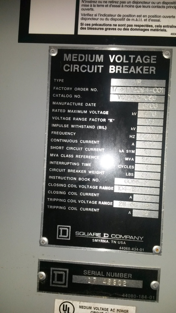 1200 Amp, SQUARE D VR, V5D3152N000, 4160 V., 2006, E/O, 125 VDC CL, 48 VDC TRIP