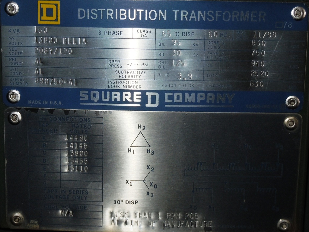 150 KVA, Pri 13800 D, Sec 208 Y, SQUARE D, PADMOUNT, LIVE FRONT, RADIAL FEED