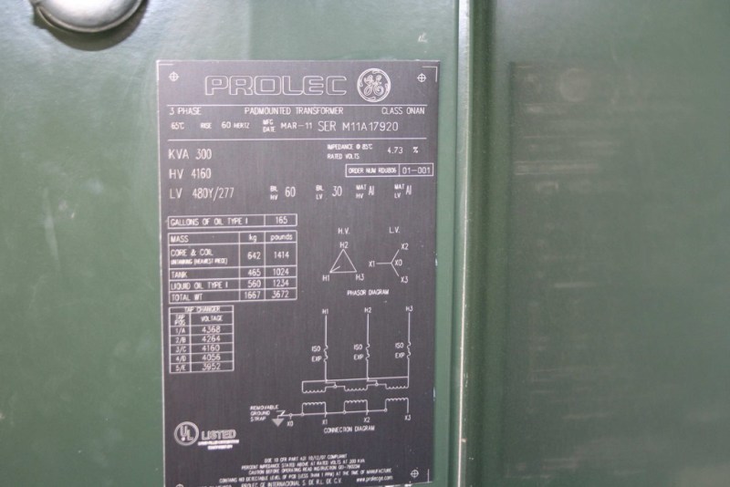 300 KVA, Pri 4160 D, Sec 480Y/277, 2011, GE PROLEC, LIVE FRONT, RADIAL FEED, NEW