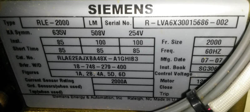 2000 Amp, SIEMENS, RLE-2000, 600 V., E/O, D/O, 120 VAC CLOSE/TRIP