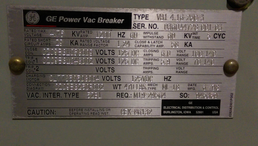 1200 Amp, GENERAL ELECTRIC, VB1-4.16-250-3, 4160 V., 1998, 125 VDC CLOSE & TRIP