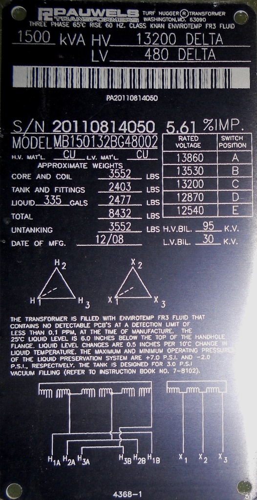 1500 KVA, Pri 13200 D, Sec 480 D, PAUWELS, DEAD FRONT, LOOP FEED, 2008, FR3:1