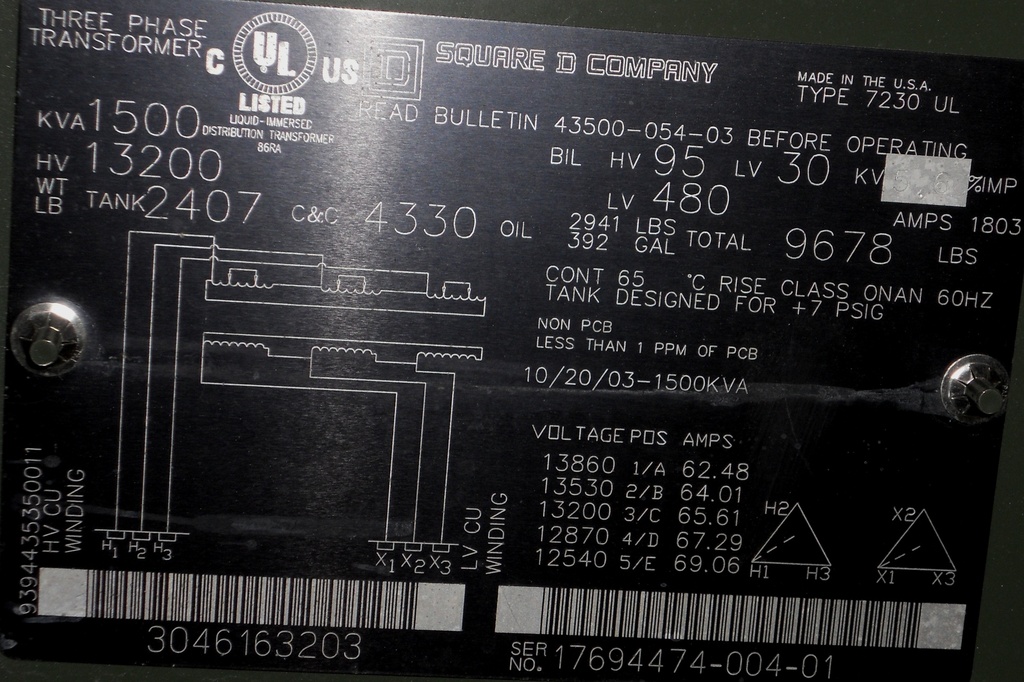 1500 KVA, Pri 13200 D, Sec 480 D, 2003, SQUARE D, LIVE FRONT, RADIAL:1