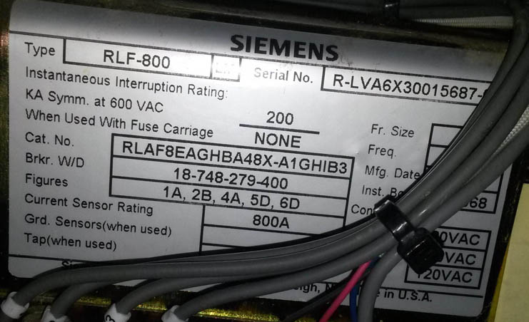 800 Amp, SIEMENS, RLF-800, 600 V., E/O, D/O, 120 VAC MOTOR, CLOSE, TRIP