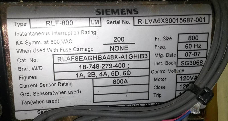 800 Amp, SIEMENS, RLF-800, 600 V., E/O, D/O, 120 VAC MOTOR, CLOSE, TRIP