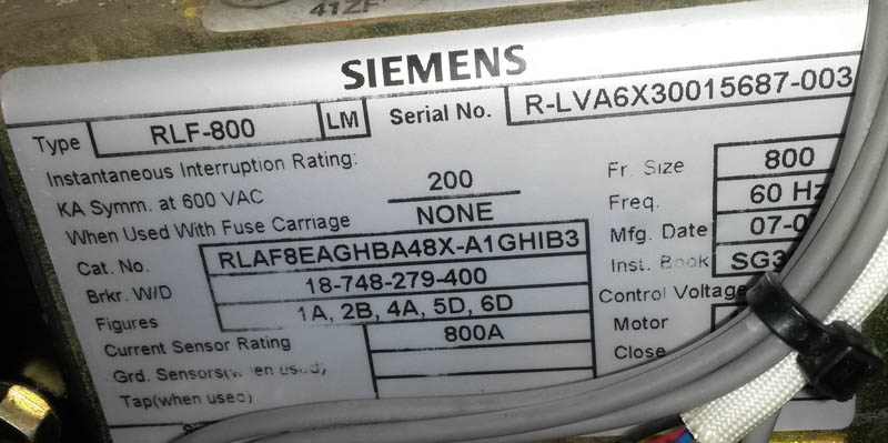 800 Amp, SIEMENS, RLF-800, 600 V., E/O, D/O, 120 VAC MOTOR, CLOSE, TRIP