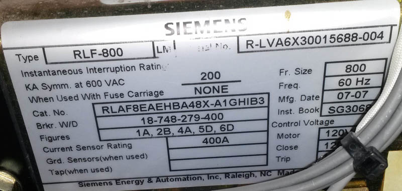 800 Amp, SIEMENS, RLF-800, 600 V., E/O, D/O, 120 VAC MOTOR, CLOSE, TRIP