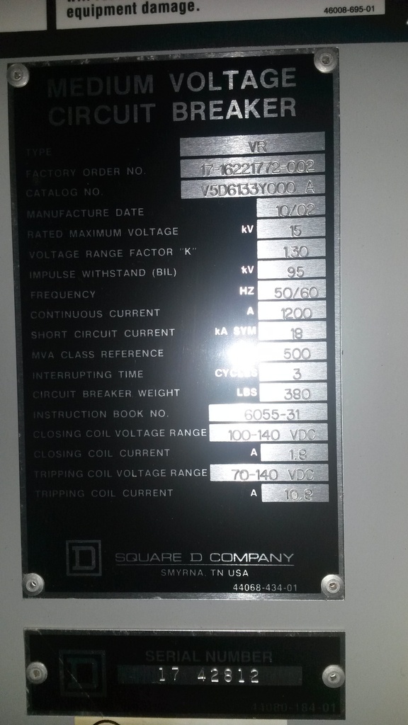 1200 Amp, SQUARE D, VR, 15 KV, 2002, 500 MVA, E/O, 125 VDC, VACUUM:1
