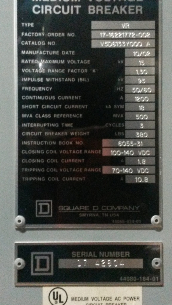 1200 Amp, SQUARE D, VR, 15 KV, 2002, 500 MVA, E/O, 125 VDC, VACUUM:1