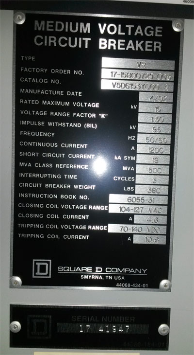 1200 Amp, SQUARE D, VR V5D6153Y000A, 15 KV, 2002, 500 MVA, 120 VAC CL/125 VDC TR