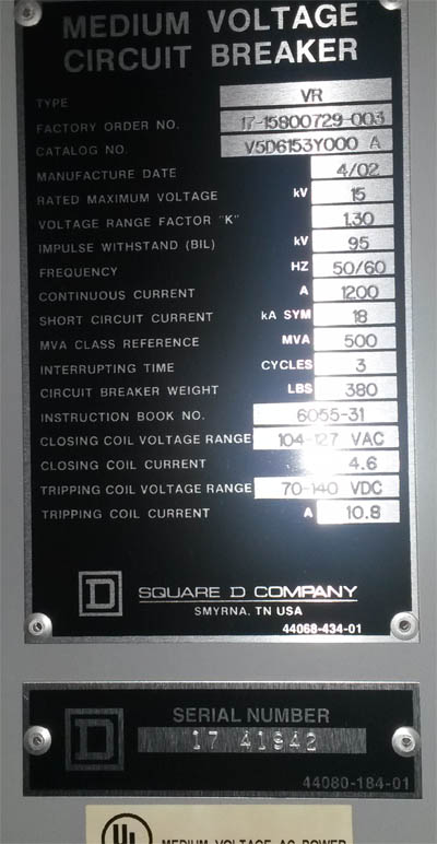 1200 Amp, SQUARE D, VR V5D6153Y000A, 15 KV, 2002, 500 MVA, 120 VAC CL/125 VDC TR