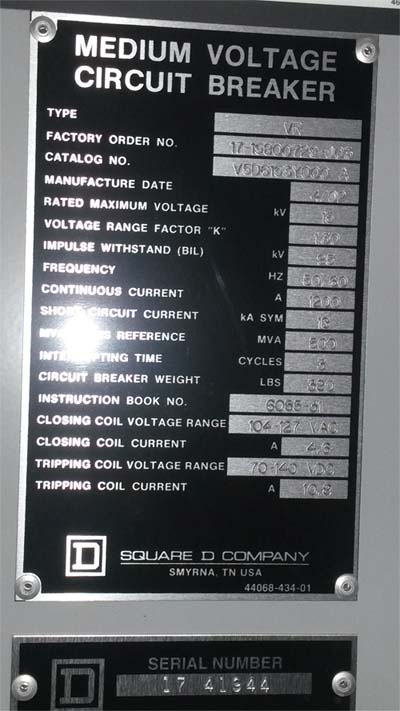 1200 Amp, SQUARE D, VR V5D6153Y000A, 15 KV, 2002, 500 MVA, 120 VAC CL/125 VDC TR