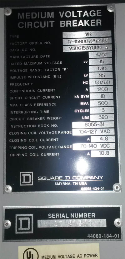 1200 Amp, SQUARE D, VR V5D6153Y000A, 15 KV, 2002, 500 MVA, 120 VAC CL/125 VDC TR
