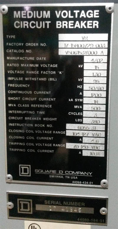 1200 Amp, SQUARE D, VR V5D6153Y000A, 15 KV, 2002, 120 VAC CL/125 VDC TRIP:1