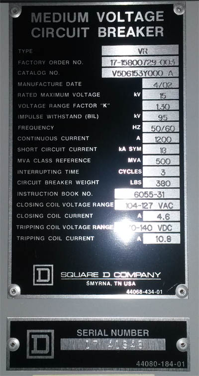 1200 Amp, SQUARE D, VR V5D6153Y000A, 15 KV, 2002, 120 VAC CL/125 VDC TRIP:1