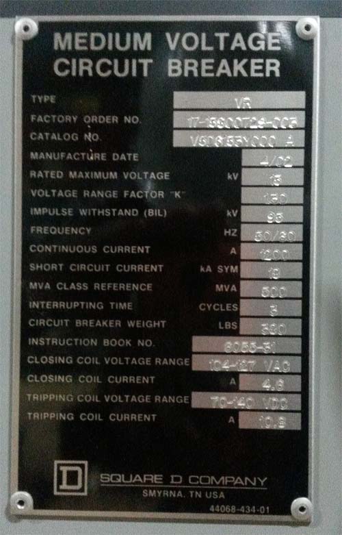 1200 Amp, SQUARE D, VR V5D6153Y000A, 15 KV, 2002, 120 VAC CL/125 VDC TRIP:1