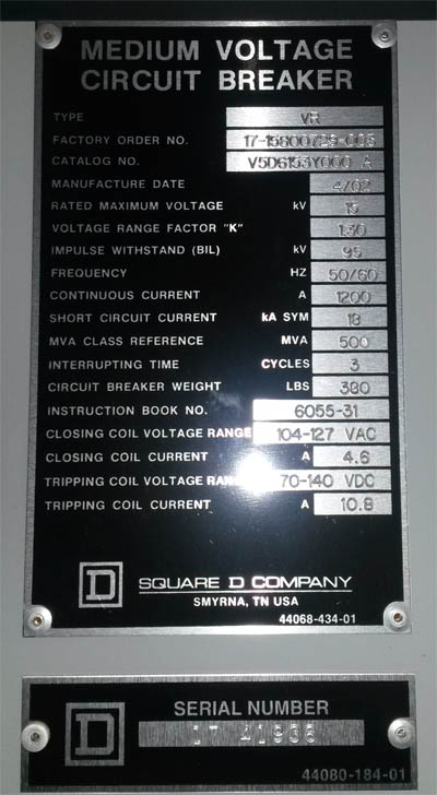 1200 Amp, SQUARE D, VR V5D6153Y000A, 15 KV, 2002, 120 VAC CL/125 VDC TRIP:1