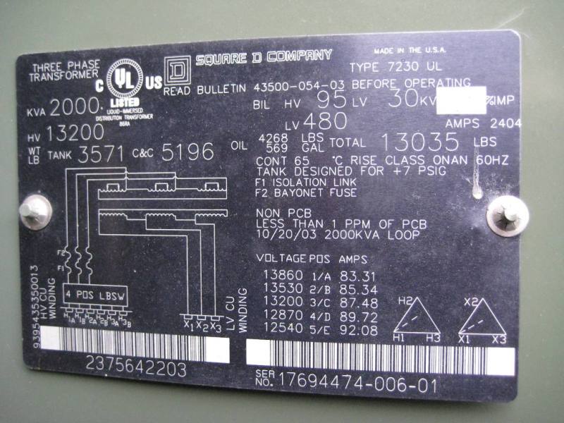 2000 KVA, Pri 13200 D, Sec 480 D, 2003, SQUARE D, LIVE FRONT, LOOP FEED:1