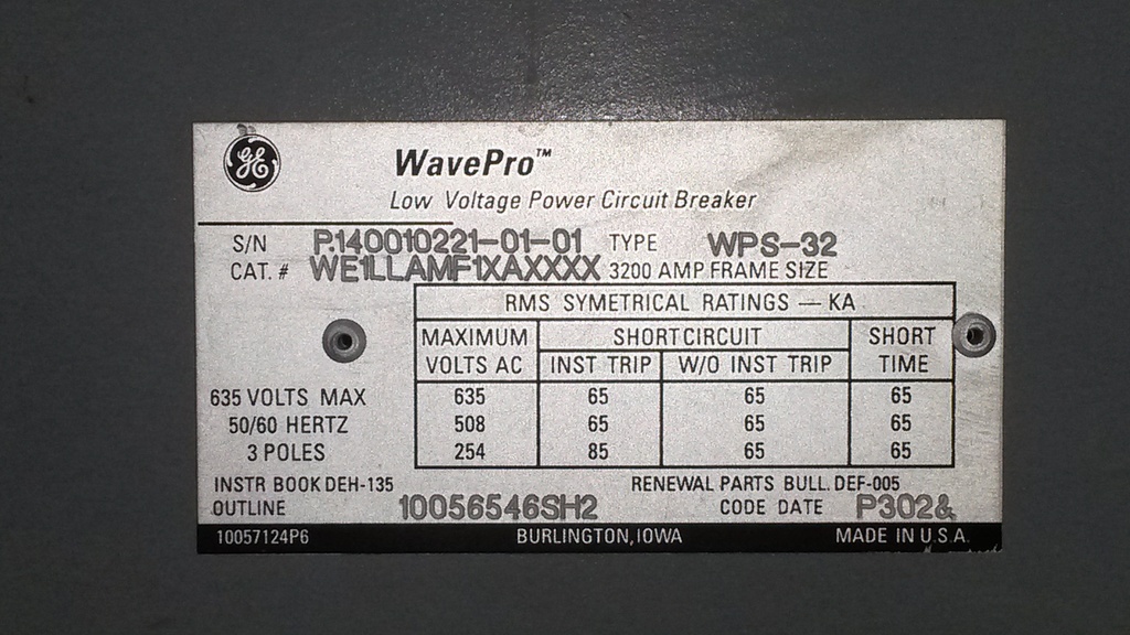 3200 Amp, GENERAL ELECTRIC, WPS-32, 480 V., EO/DO, 120VAC C&T