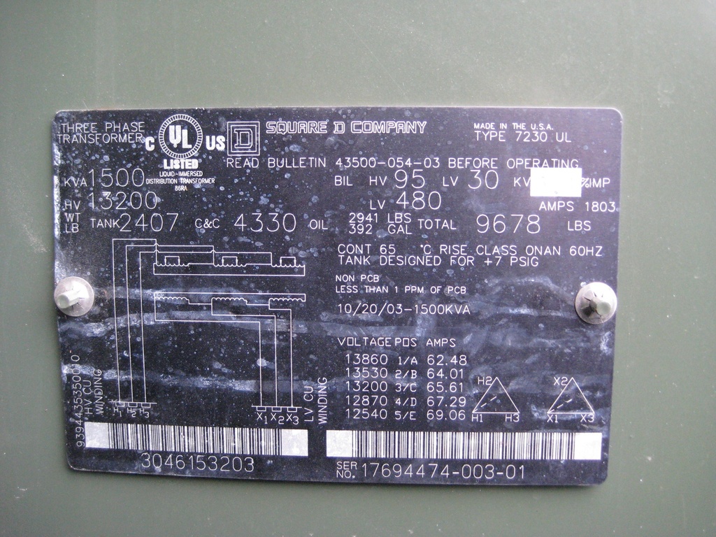 1500 KVA, Pri 13200 D, Sec 480 D, 2003, SQ.D, PADMOUNT, LIVE FRONT/RADIAL FEED;