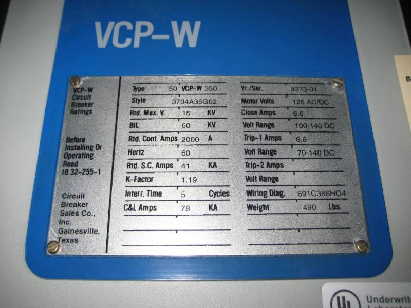 2000 Amp, WESTINGHOUSE, 50VCPW-350, 5000 V., 1998, E/O, D/O, 125 VDC CL/TR/MOTOR