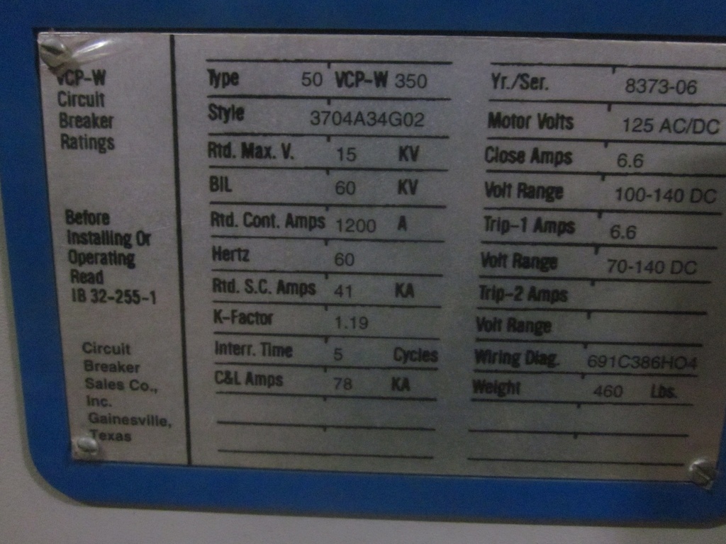 1200 Amp, WESTINGHOUSE, 50VCPW-350, 5000 V., 1998, E/O, D/O, 125 VDC CL/TR/MOTOR