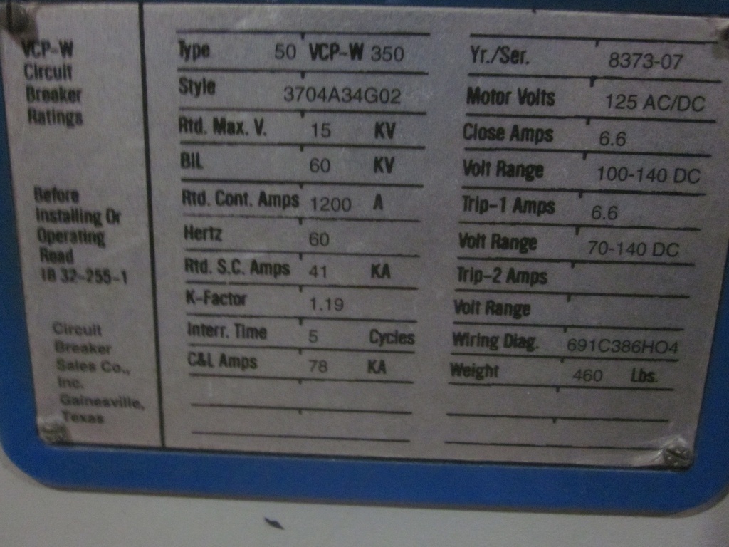 1200 Amp, WESTINGHOUSE, 50VCPW-350, 5000 V., 1998, E/O, D/O, 125 VDC CL/TR/MOTOR