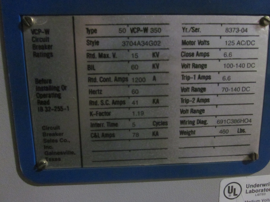 1200 Amp, WESTINGHOUSE, 50VCPW-350, 5000 V., 1998, E/O, D/O, 125 VDC CL/TR/MOTOR
