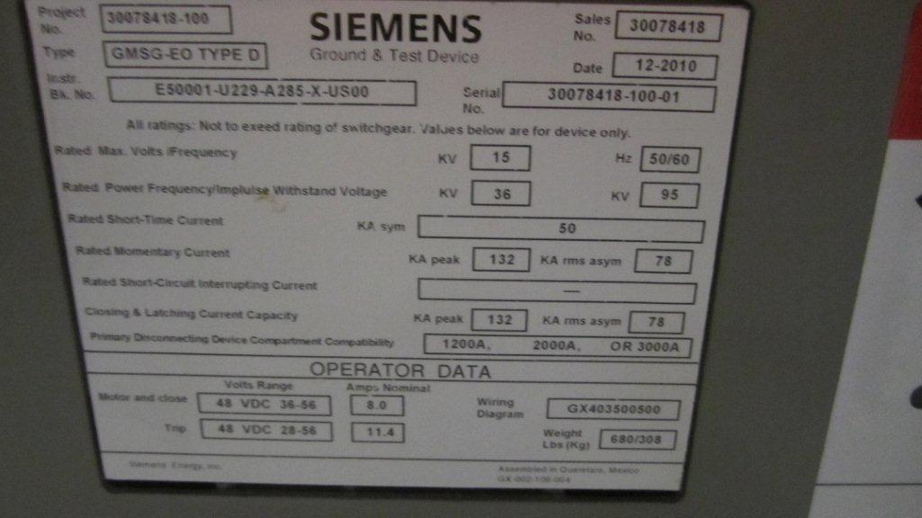 1200/2000/3000 Amp, SIEMENS, GMSG-EO TYPE D, GROUND & TEST DEVICE, 15 KV, UNUSED