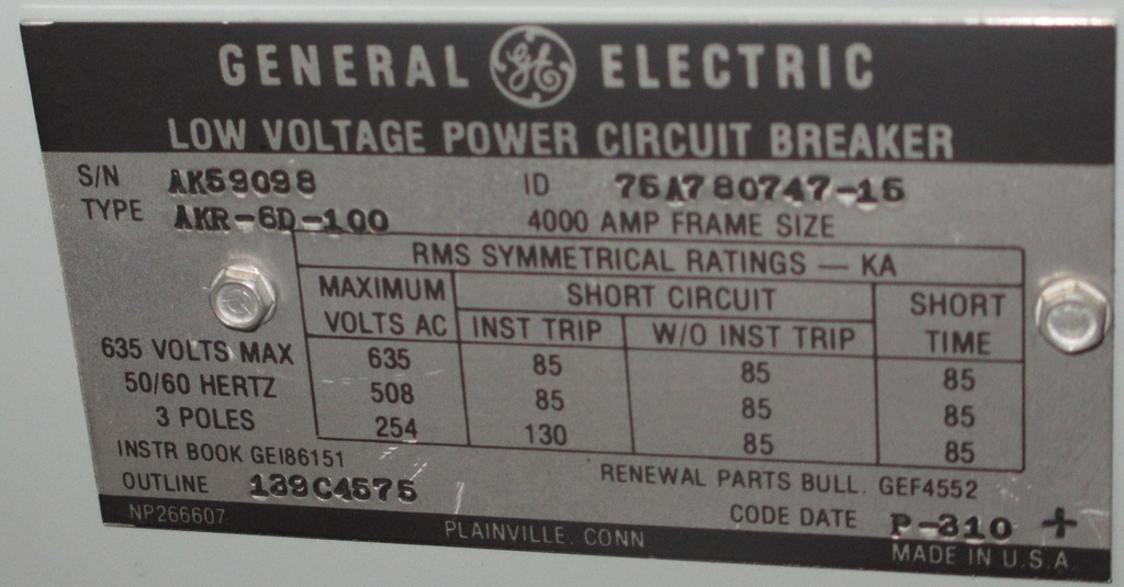 4000 Amp, GENERAL ELECTRIC, AKR-6D-100, 480 V., 120 VAC, MICRO-VERSA TRIP LSIG
