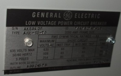 3200 Amp, GENERAL ELECTRIC, AKR-6D-75, 480 V., 120 VAC, MICRO-VERSA TRIP LSIG:1