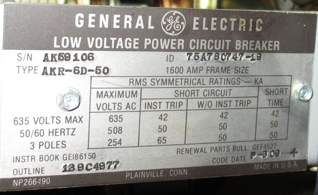 1600 Amp, GENERAL ELECTRIC, AKR-6D-50, 480 V., 120 VAC, MICRO-VERSA TRIP LSIG:1