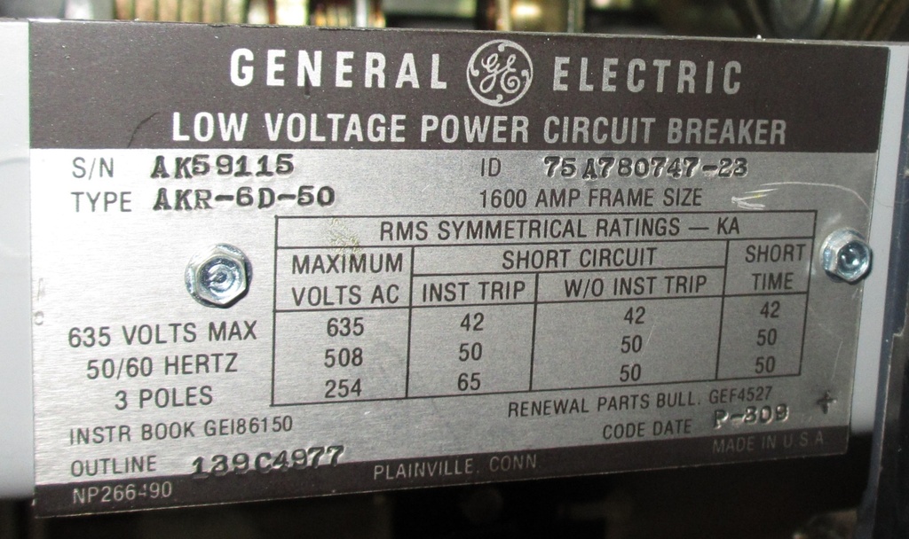 1600 Amp, GENERAL ELECTRIC, AKR-6D-50, 480 V., 120 VAC, MICRO-VERSA TRIP LSIG:1