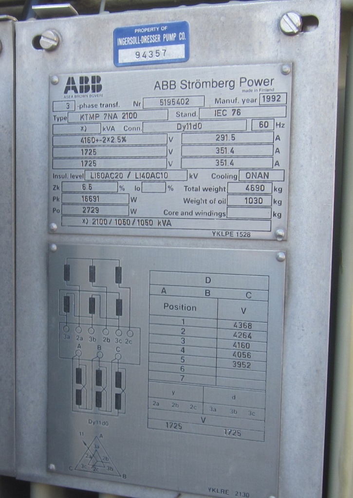 2100 KVA (1050 X 1050), Pri 4160 D, Sec 1725 D x 1725 Y, 1992, ABB RECTIFIER:1