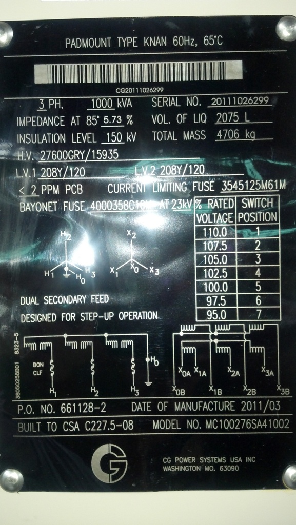 1000 KVA, Pri 27600GRY/15935, Sec 208Y/120 X 208Y/120, FR3, NEW, CG POWER, LF/RF