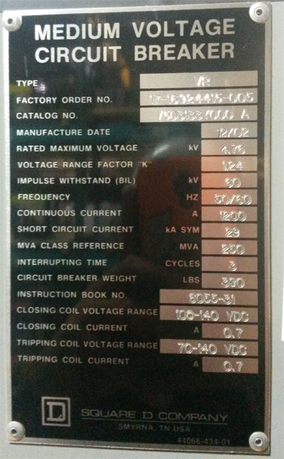 1200 Amp, SQUARE D, VR-250, 4760 V., 2002, E/O, D/O, 125 VDC, 29 KA:1