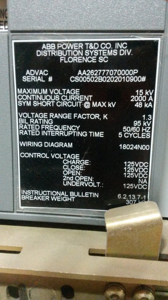 2000 Amp, ABB, ADVAC, 15 KV, 1000 MVA, 125 VDC CLOSE & TRIP, CAPACITOR BREAKER:1