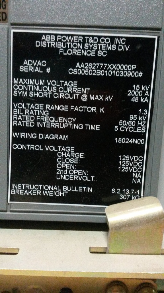 2000 Amp, ABB, ADVAC, 15 KV, 2000, 1000 MVA, 125 VDC CLOSE & TRIP:1