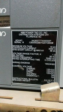 3000 Amp, ABB, ADVAC, 15 KV, INDOOR, ARC FLASH, 2000, MAIN/TIE/PT/3 FEEDERS:1