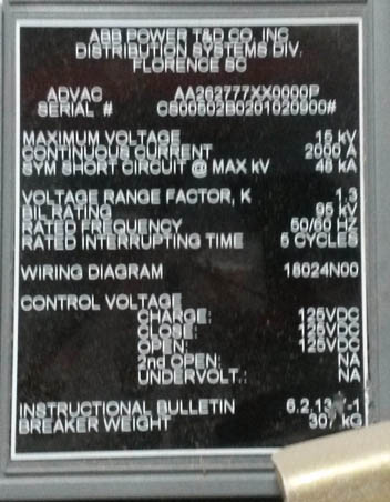 2000 Amp, ABB, ADVAC, 15 KV, 2000, 125 VDC CHARGE/CLOSE/OPEN:1