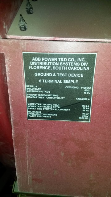 1200 Amp, ABB, ADVAC GROUND & TEST DEVICE, 15 KV