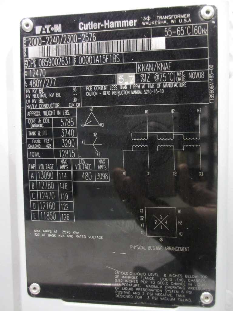 2000/2576 KVA, Pri 12470 D, Sec 480 Y, 2008, SUBSTATION TYPE, ENVIRO-TEMP FR3