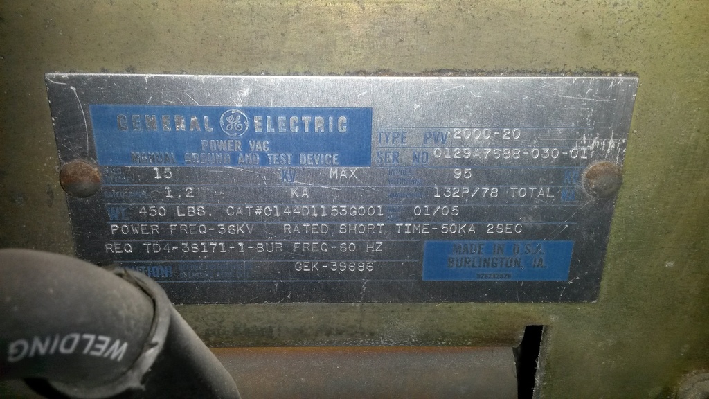 1200/2000 Amp, GENERAL ELECTRIC, PVV-2000-20, 5/15 KV, VB1 GROUND & TEST DEVICE