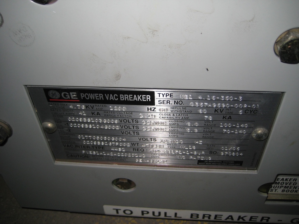 1200 Amp, GE, VB1-4.16-350-3, 4160 V., 2005, ML-18 MECH, 125VDC CL,CH,& TR, 41KA