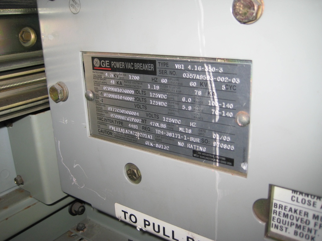 1200 Amp, GE, VB1-4.16-350-3, 4160 V., 2005, ML-18 MECH, 125VDC CL,CH,& TR, 41KA