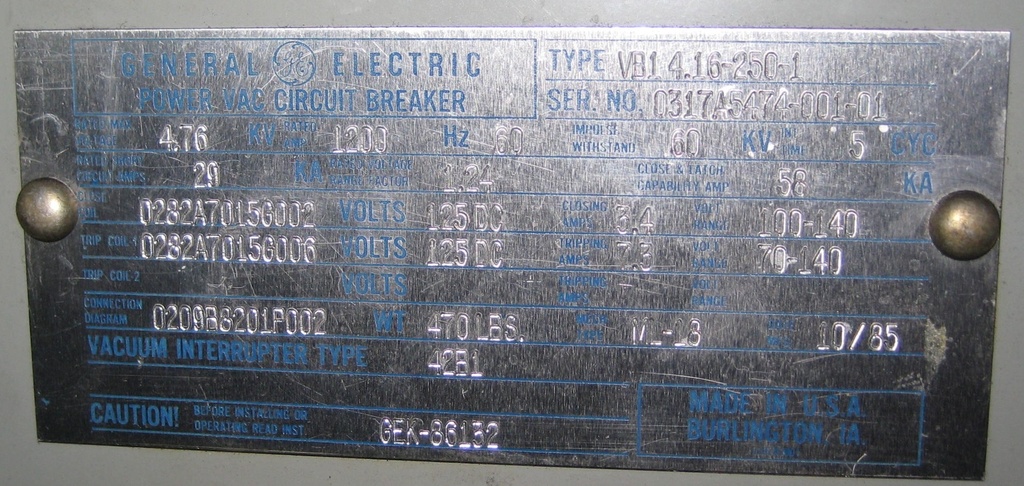 1200 Amp, GENERAL ELECTRIC, VB1-4.16-250-1, 5000 V., 125 VDC CLOSE & TRIP, ML-18