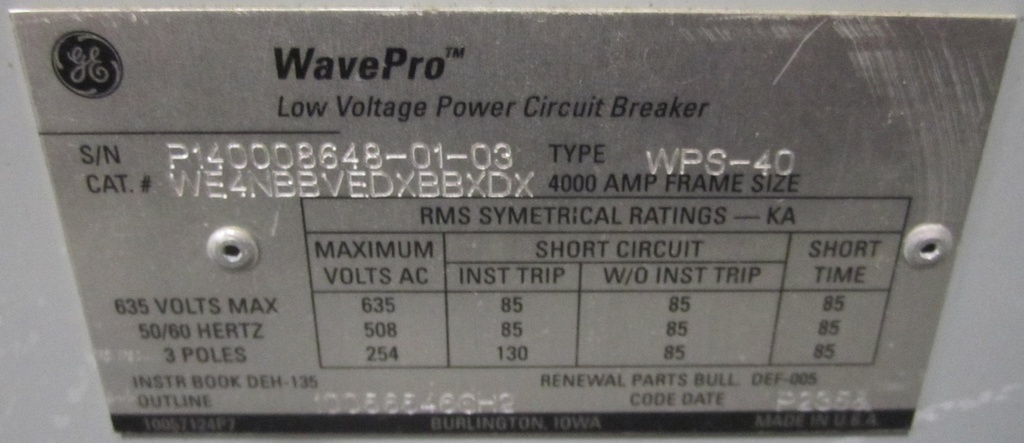 4000 Amp, GENERAL ELECTRIC, WPS-40, 480 V., E/O, D/O, 48 VDC, BELL ALARM, LSG