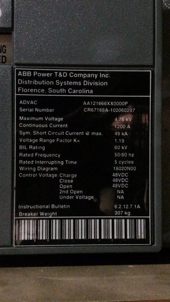 1200 Amp, ABB, ADVAC, 4160 V., E/O, D/O, 48 VDC CHARGE/CLOSE/OPEN:1